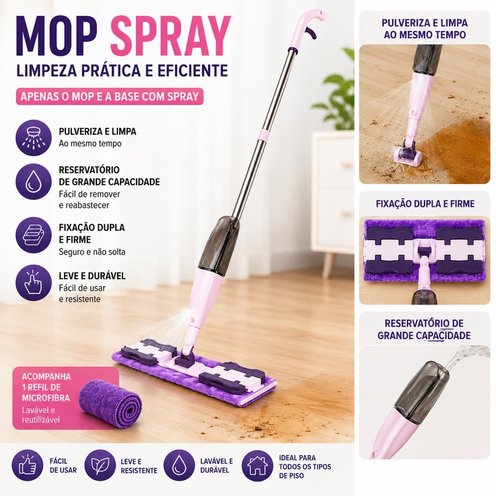 Mop Spray com Refil de Microfibra | Limpeza Seca e Úmida para Todos os Pisos
