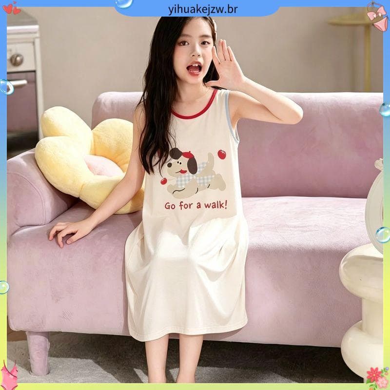 Colete de algodão puro meninas camisola verão estilo fino camisola infantil médio grande terno de ar condicionado infant