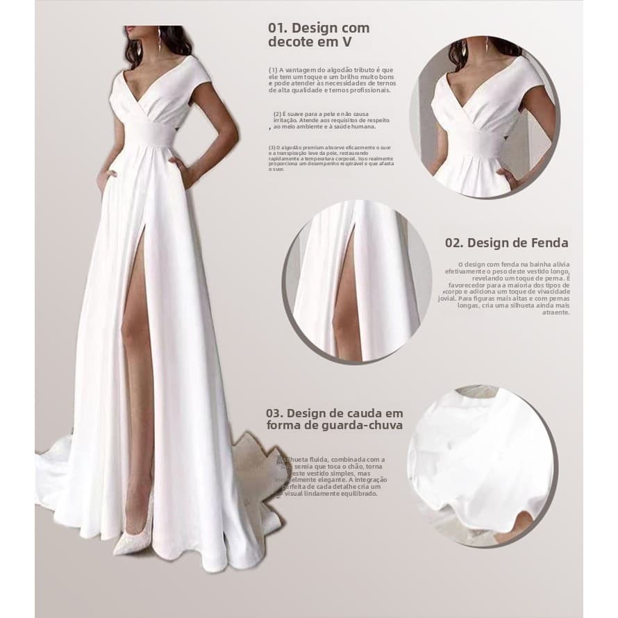 Vestido de noiva longo branco, Design com decote em V, fendas laterais.