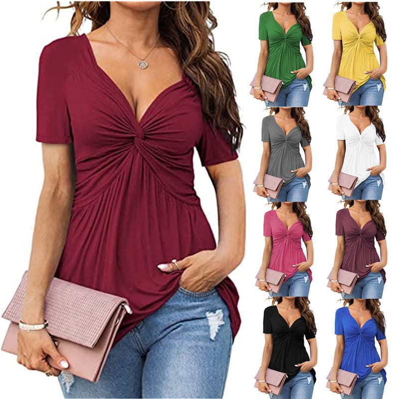 2023 europeu americano novo estilo feminino com decote em V frente atada camisa de manga curta elegante Casual camiseta