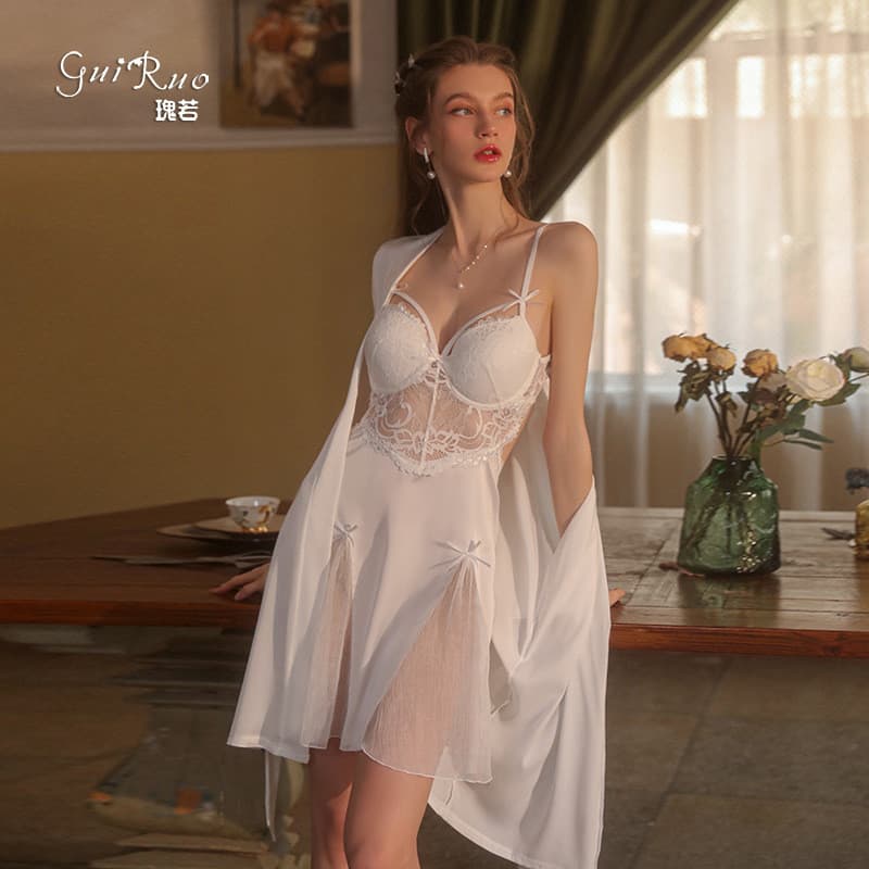 Guruo cetim retalhos fio com almofada no peito corte baixo tentação Halter Sling camisola Robe feminino Homewear terno 2