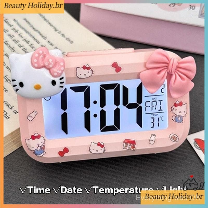 CFC Sanrio Relógio Despertador de Desenho Animado Hello Kitty Mini Relógio Despertador Noturno com Luz de Gato Ornamento
