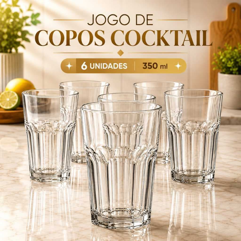 Jogo 6 Copos de Vidro Cocktail 350ml Transparente para Água Suco Drinks Refrigerante Vitaminas