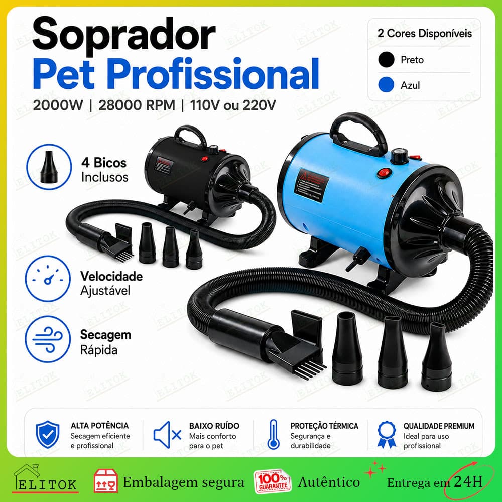 Secador Pet Profissional High Velocity 2000W - 4 Bicos Bivolt 127V/220V Para Banho E Tosa De Cães E Gatos