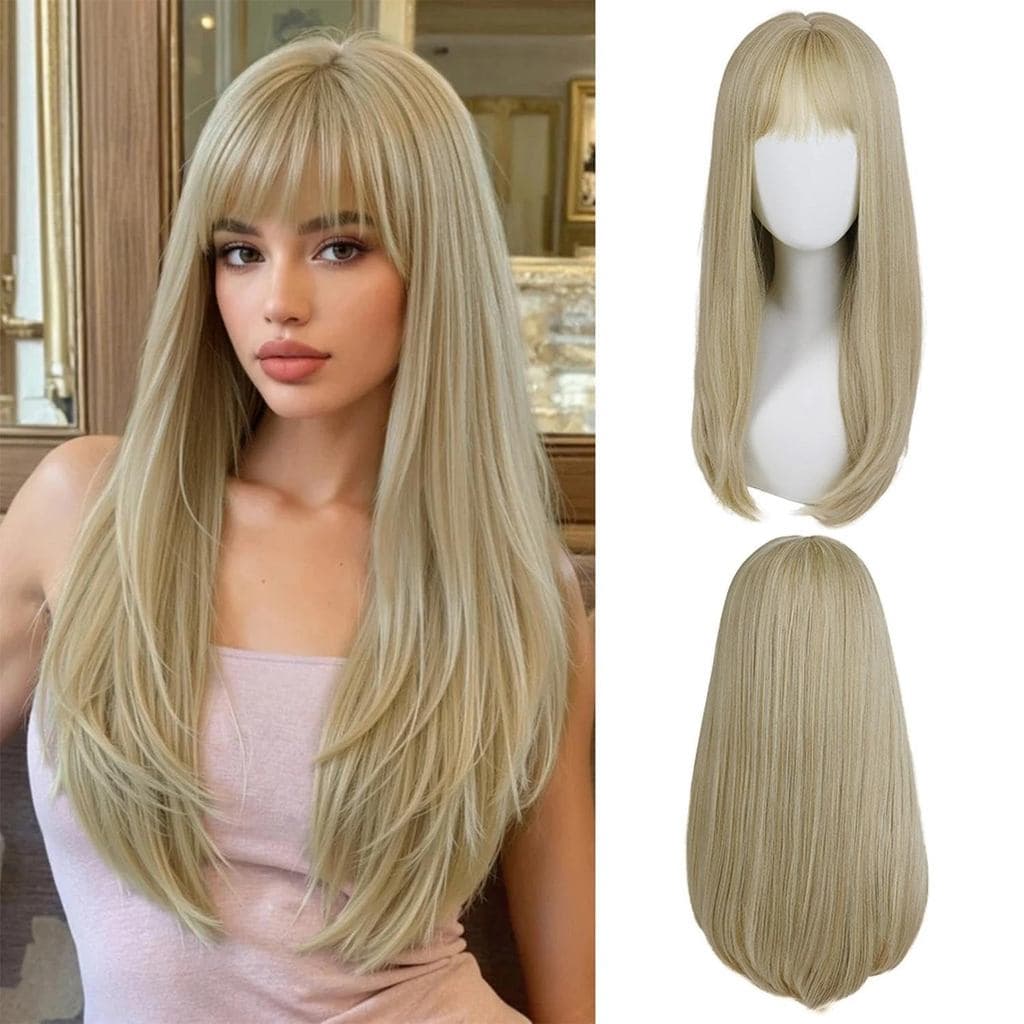 GNIMEGIL Peruca Loiro Cinza de 24 Polegadas com Franja para Mulheres, Cabelo Liso Natural, Fibra Sintética, para Uso Diá