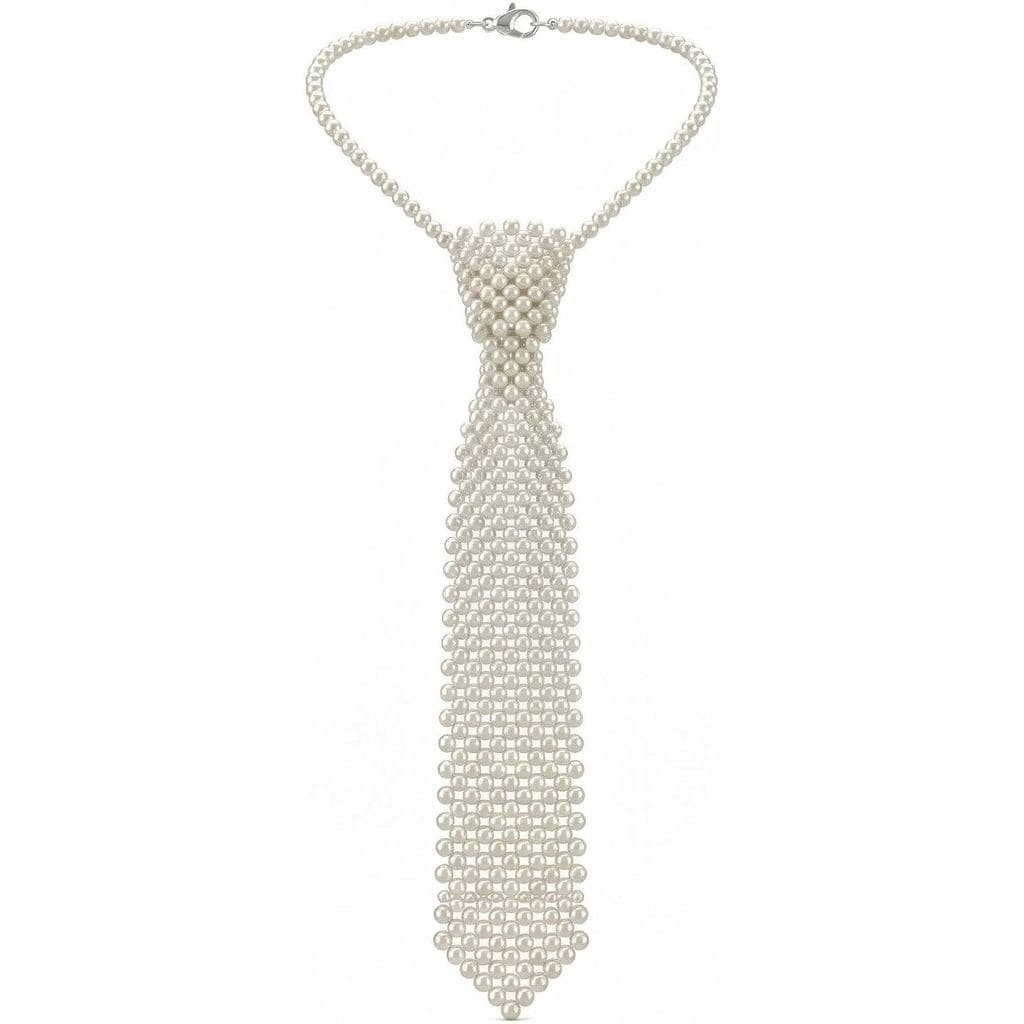 Gravata de Pérolas para Mulheres, Gravata de Colar com Pérolas Brancas, Acessório de Moda Feito à Mão, Gravatas para Cam