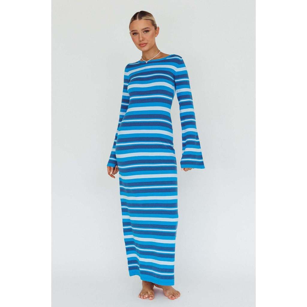 Roupas femininas 2023 outono temperamento malha manga comprida listrado contraste cor Halter vestido longo