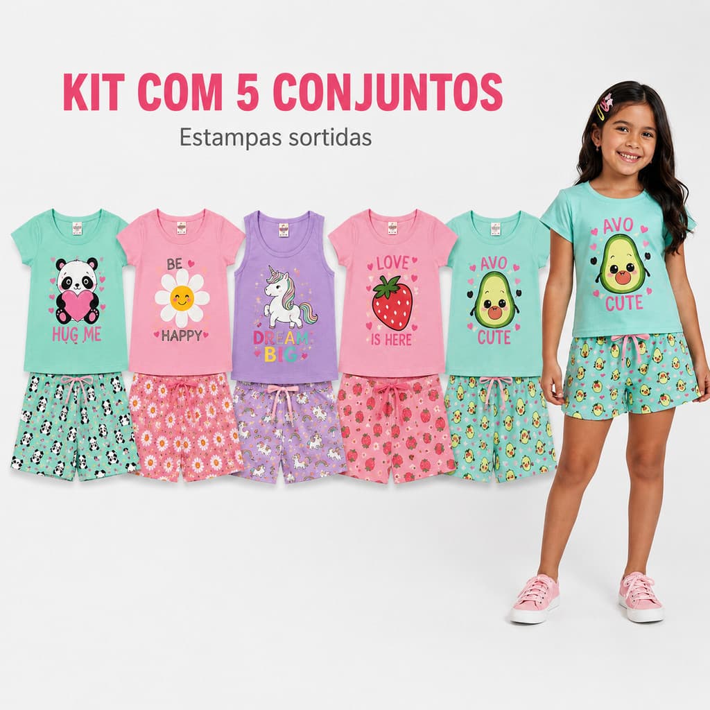 5 Conjuntos Sortidos Infantil Menina Verão Blusa e Short Algodão 1 ao 14