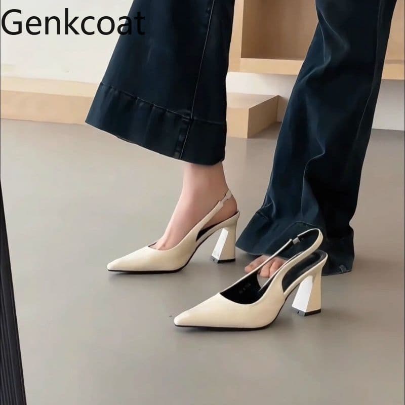 Salto grosso apontou toe elegante francês único sapatos sandálias de dedo do pé plano banquete 2026 high-End preto couro