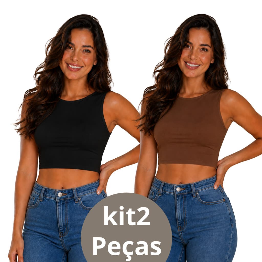 Kit2 Regata Top Cropped Blusinha Feminina Forro Duplo Básica Elegante Moda Premium Para Academia Festas Preto Marrom