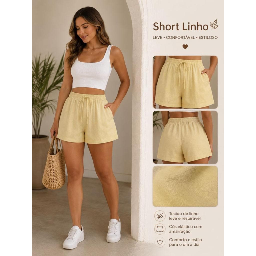 Short Feminino Linho Cintura Alta com Bolsos Laterais Casual com Cós de Elástico Conforto e Estilo