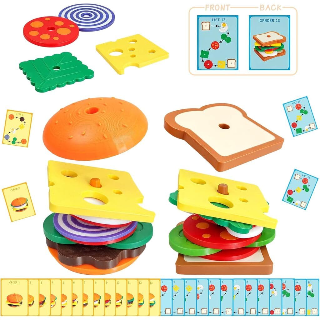 Conjunto De Empilhador De Sanduíche E Construção Impresso Em 3D Montessori , Pacote Com 2 | 26 Cartões Padrão , Jogos De