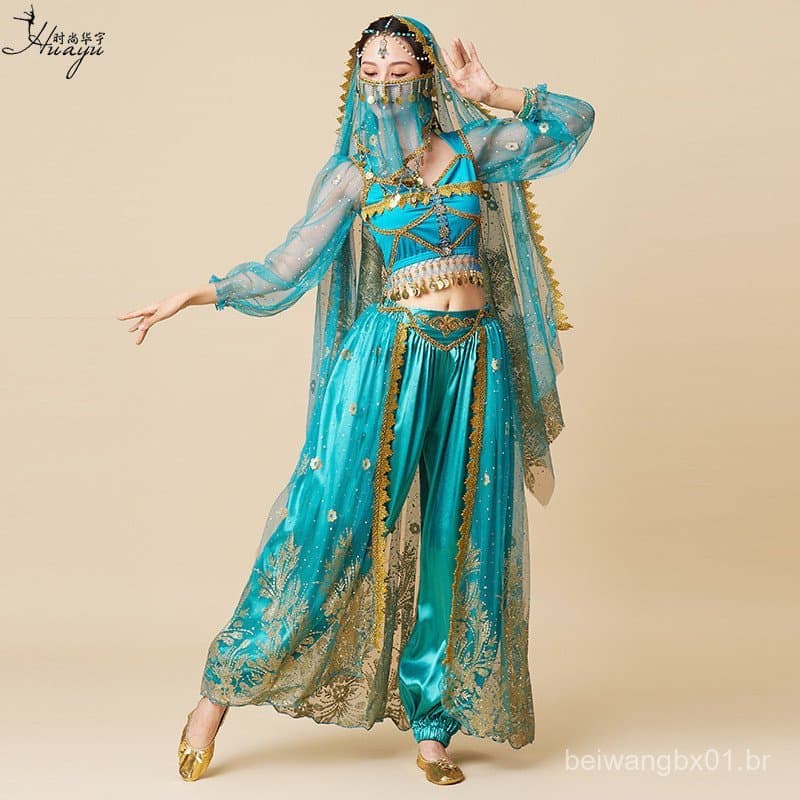Fantasia de Halloween Vestido de Dança da Princesa Jasmine Conjunto de Estilo Exótico Indiano para Apresentação