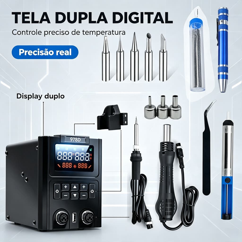 Kit Estação Retrabalho 2‑em‑1 8898 Ferro de Solda e Ar Quente 600W Bivolt Tela Dupla para Oficina de Reparo Eletrônico