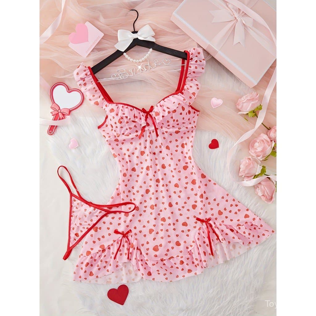 Vestido Slip com Estampa de Coração, Babados na Frente e na Barra, com Tanga