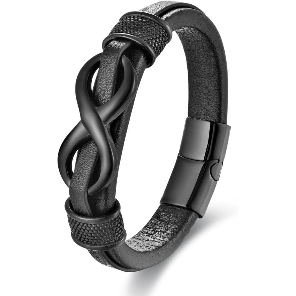 Pulseira Infinito para Homens, Pulseira de Couro Infinito em Aço Inoxidável Prata/Preto, Bracelete de Pulso 21 cm / 8,26