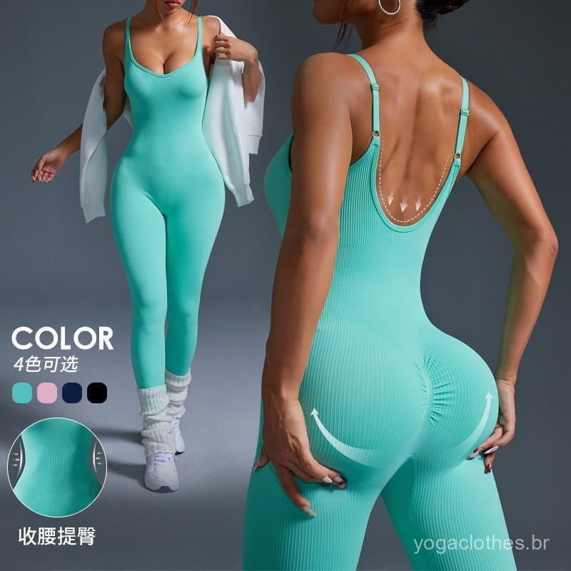 Macacão canelado com decote halter e efeito de levantamento de glúteos, macacão sem costura estilo colete, roupa de yoga