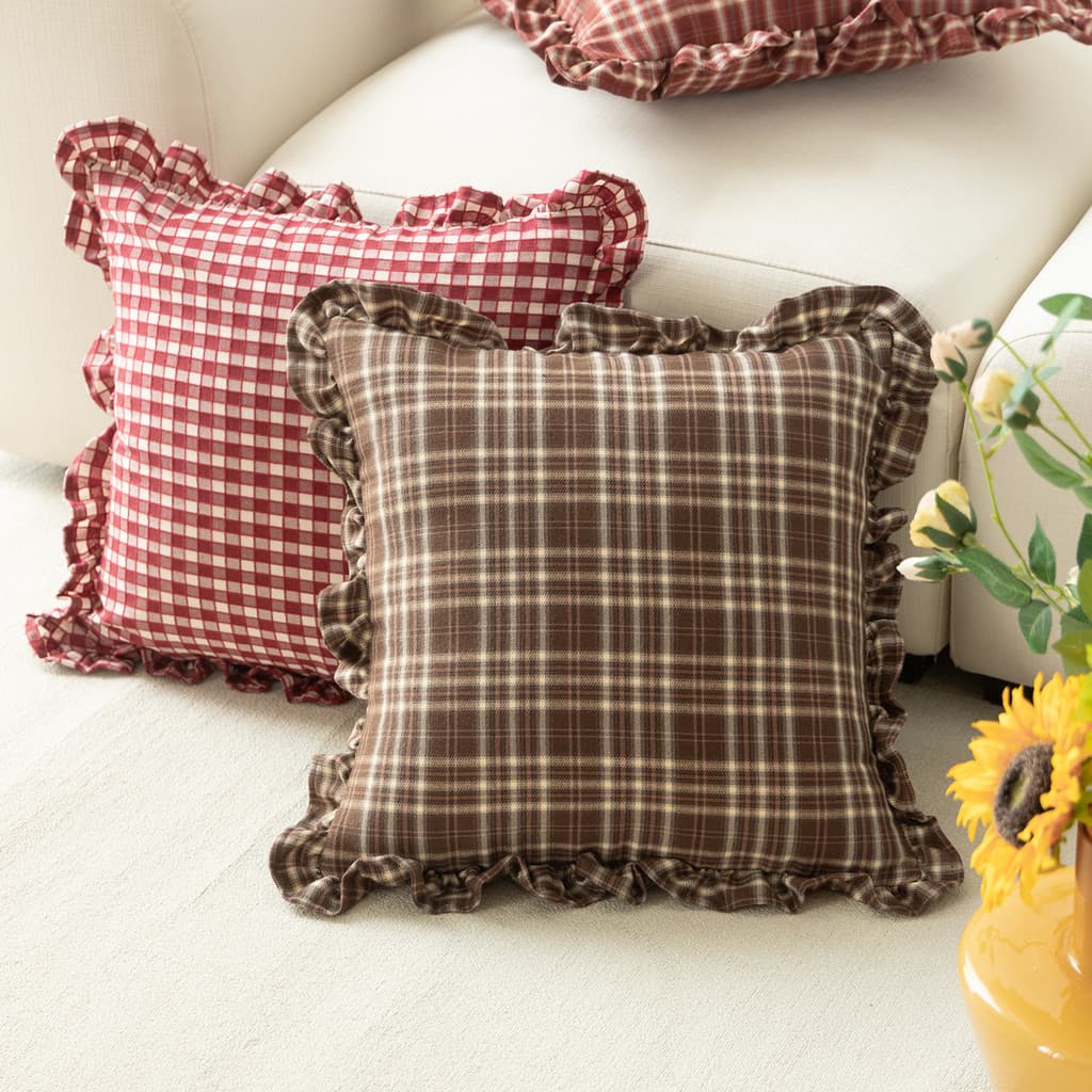 Almofada para sofá e sala de estar, estilo retrô americano, quadrada com bordas franzidas, capa de almofada lombar xadre