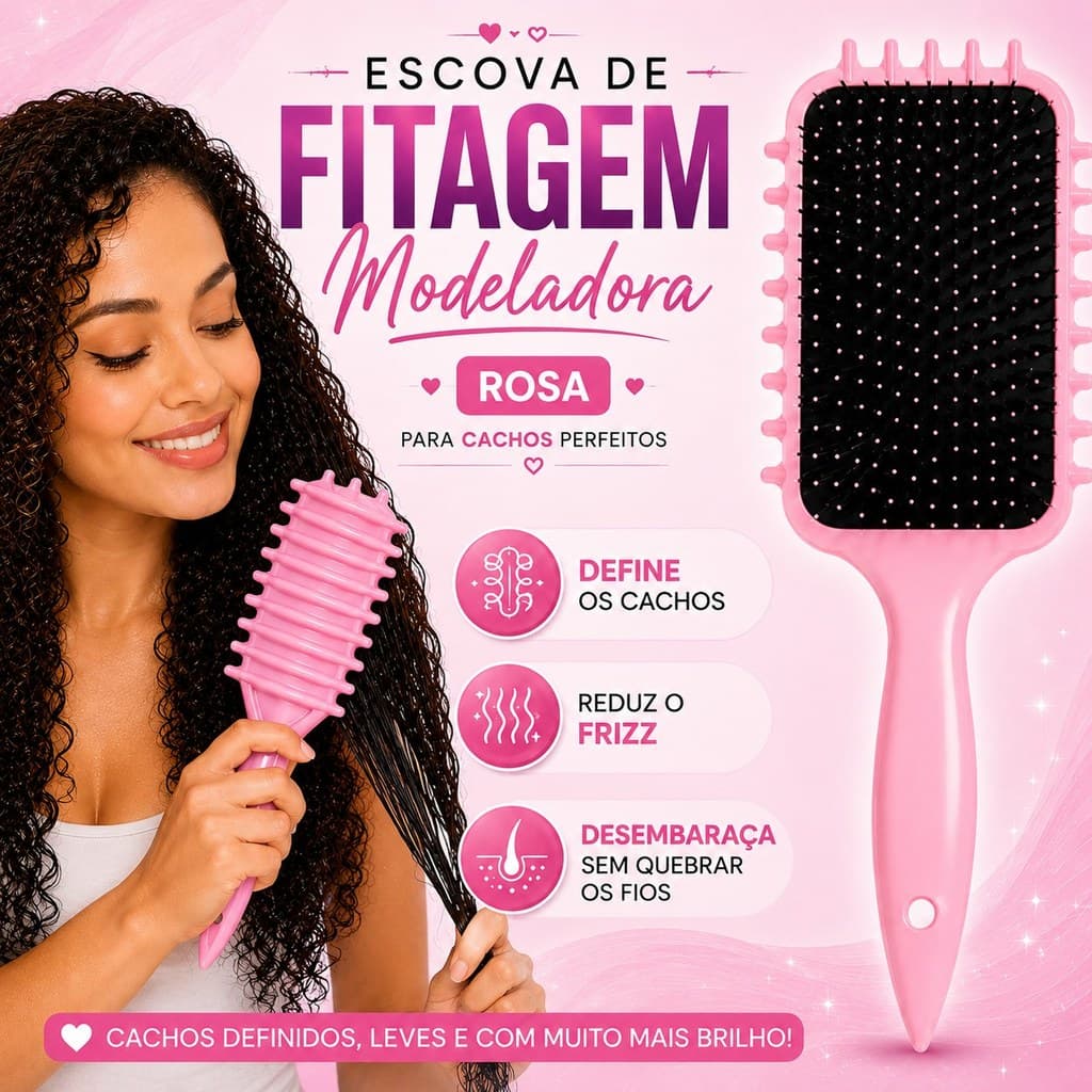 Escova de Fitagem Rosa para Cabelos Cacheados Crespos Escova Modeladora Anti Frizz Define Cachos Desembaraço Anti Frizz