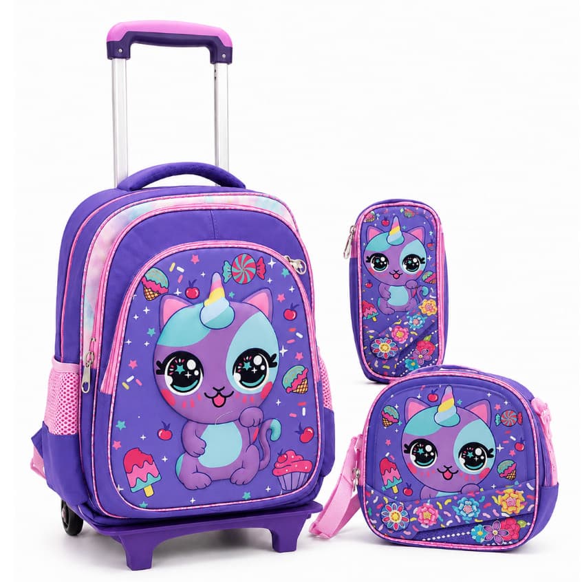 Mochila De Rodinhas Kit Escolar Com Lancheira e Estojo Penal Infantil Menina Gatinho Fofo Mochila Grande