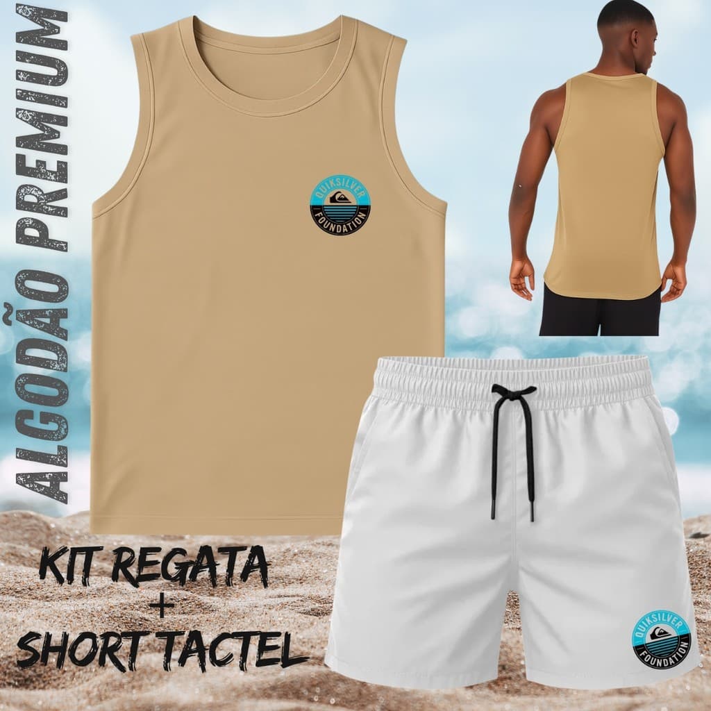 Conjunto Regata Cavada Masculina SILVER 03 Algodão Varias Cores + Short Tactel Branco -PD