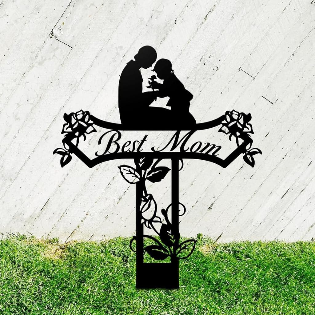 Estaca Memorial de Metal Rústico em Forma de Cruz, Decorações para o Lugar do Sepultimento da Mãe e do Pai, Flores Artif