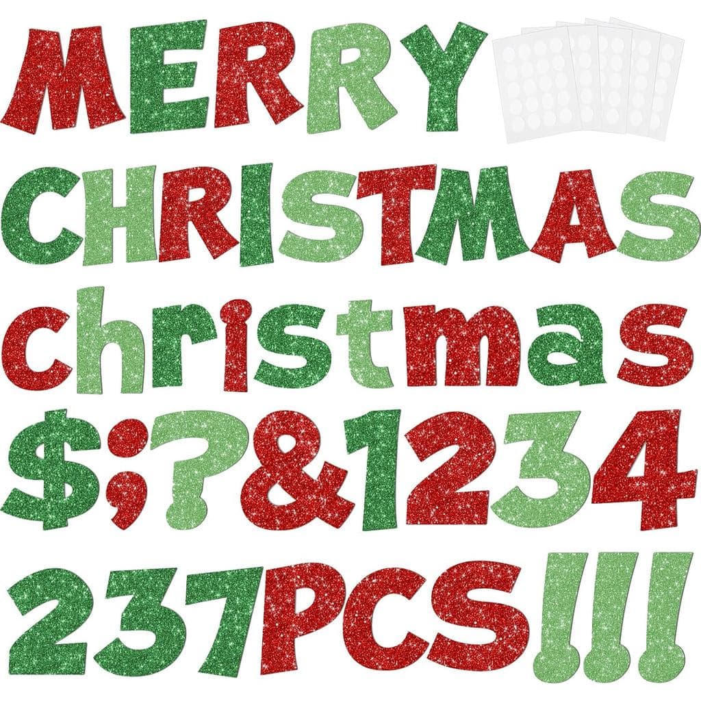 237 Peças de Letras Decorativas Brilhantes de Natal para Quadro de Avisos, Números e Pontuação de 4 Polegadas, Letras Re