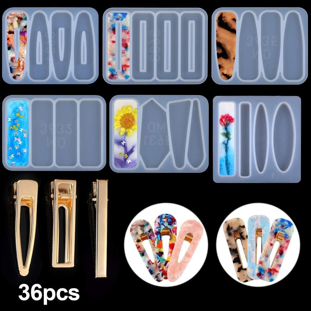 36 Peças de Moldes de Silicone para Resina, Kit de Moldes para Presilhas de Cabelo DIY, Inclui 6 Moldes de Silicone para