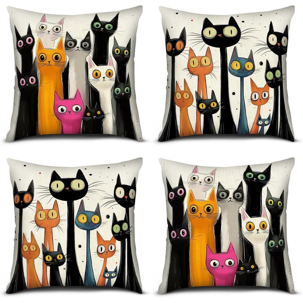 Capas de Almofada com Estampa de Gato PICKFORU 18x18 Polegadas, Conjunto de 4 Capas de Almofada com Padrões de Arte Abst
