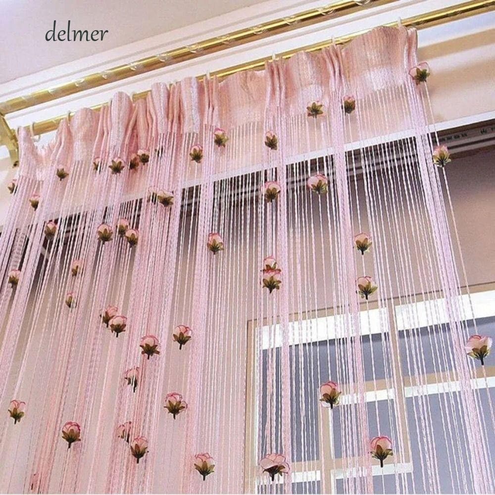 DELMER Cortina De Corda De Flor Rosa , Porta De Cor Sólida Brilhante , Divisor De Quarto 1 * 2M Janela Com Borla