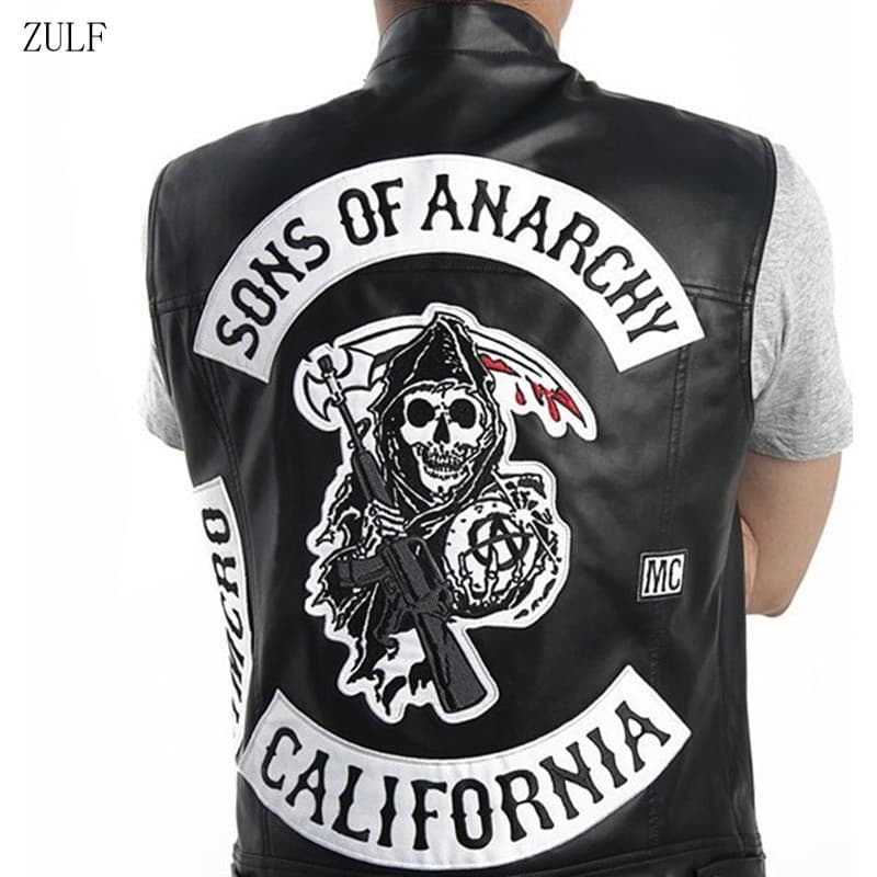 Colete de Couro com Gola Estilo Harley Punk Sons of Anarchy para Motociclistas, Cor Sólida U7J1