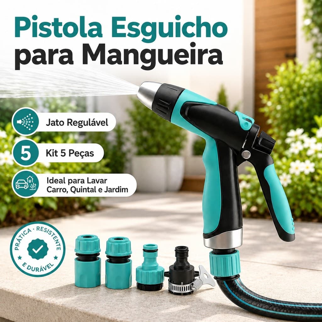 Pistola Esguicho para Mangueira Kit 5 Peças Jato Regulável com Conectores para Lavar Carro Quintal e Jardim