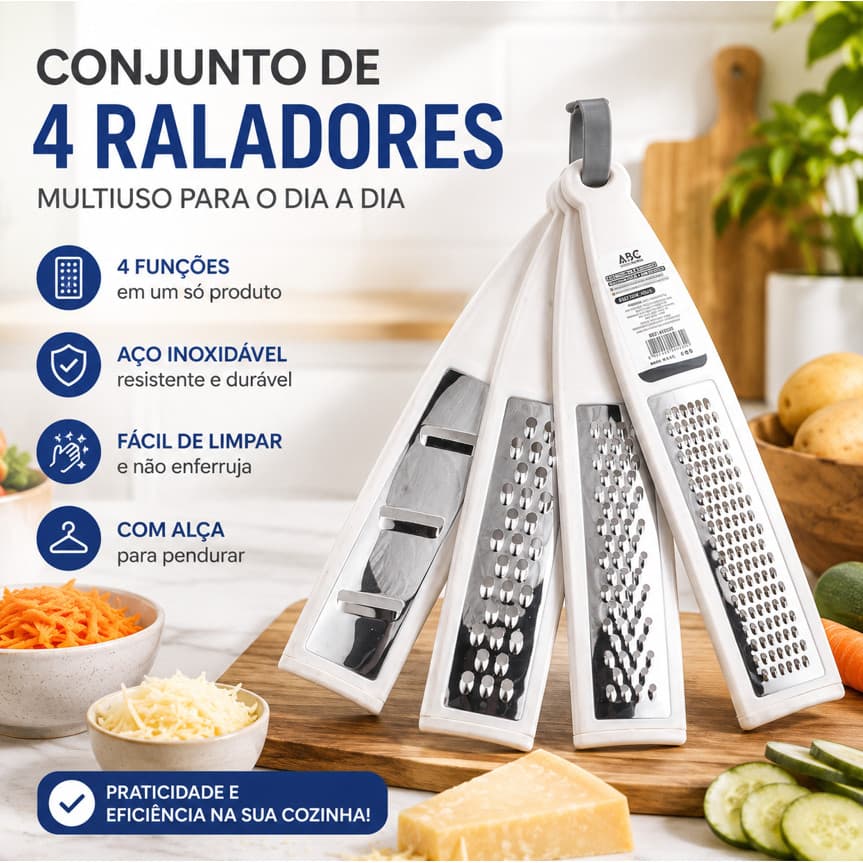 Kit 4 Raladores Multiuso Inox com Cabo Branco – Ralador de Queijo, Legumes e Alimentos
