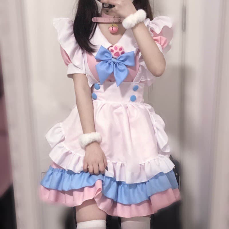 Vestido de empregada diária rosa azul uniforme cos Plus Size terno lolita empregada estilo doce fofo