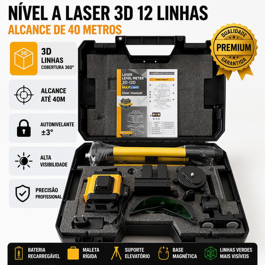 Nível Laser Recarregável 12 Linhas Verde Profissional 3d Autonivelante Com Controle 360