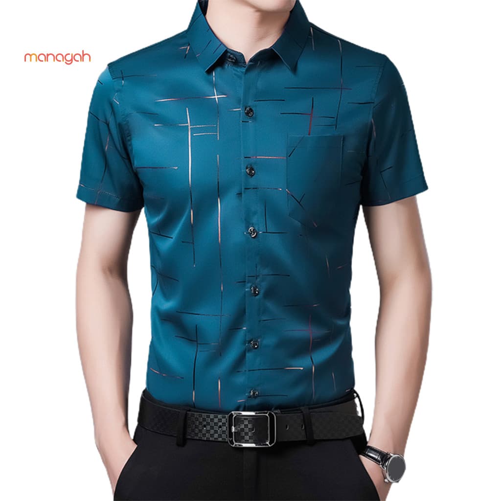 Camisa Masculina De Negócios Formal Gola Virada Para Baixo Blusa De Verão Sedosa Trabalho