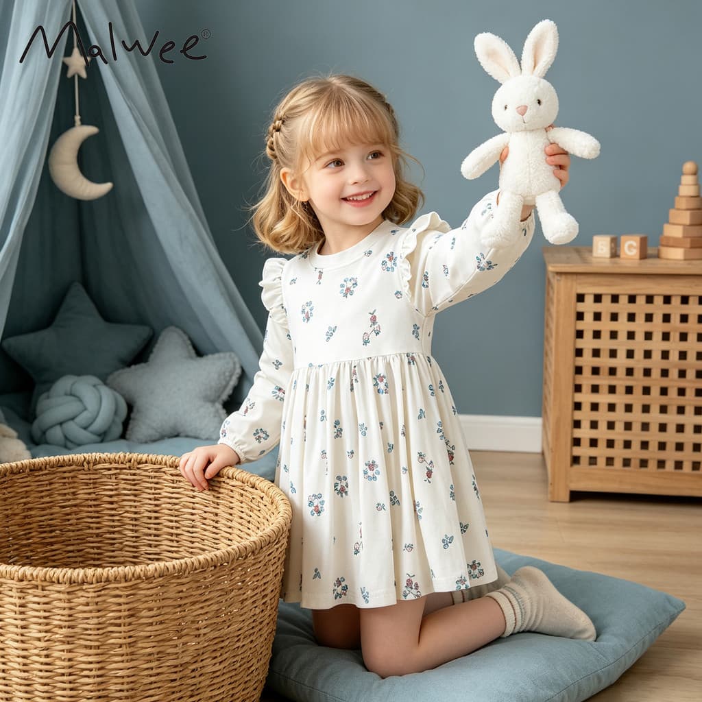 malwee novo vestido infantil de manga comprida, vestido macio e respirável para meninas, vestido infantil estiloso.