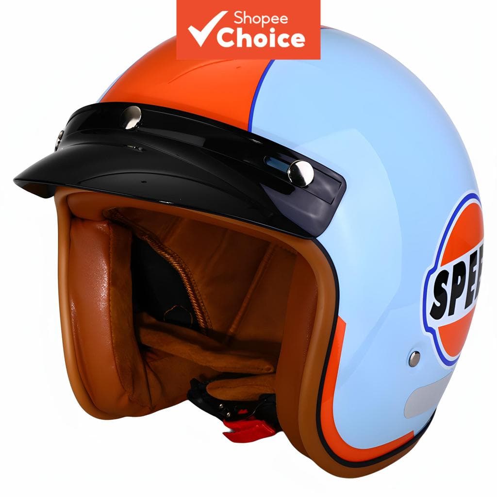 Capacete de moto aberto vintage 3/4, retrô, leve, azul com faixa laranja, capacete de scooter com viseira removível,