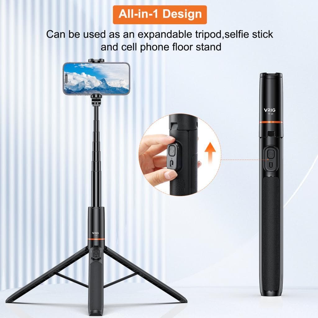 aemomo-BR VRIG TP-19 Tripé extensível para selfie stick para telefone Comprimento máximo 160 cm / 63 pol. com obturador