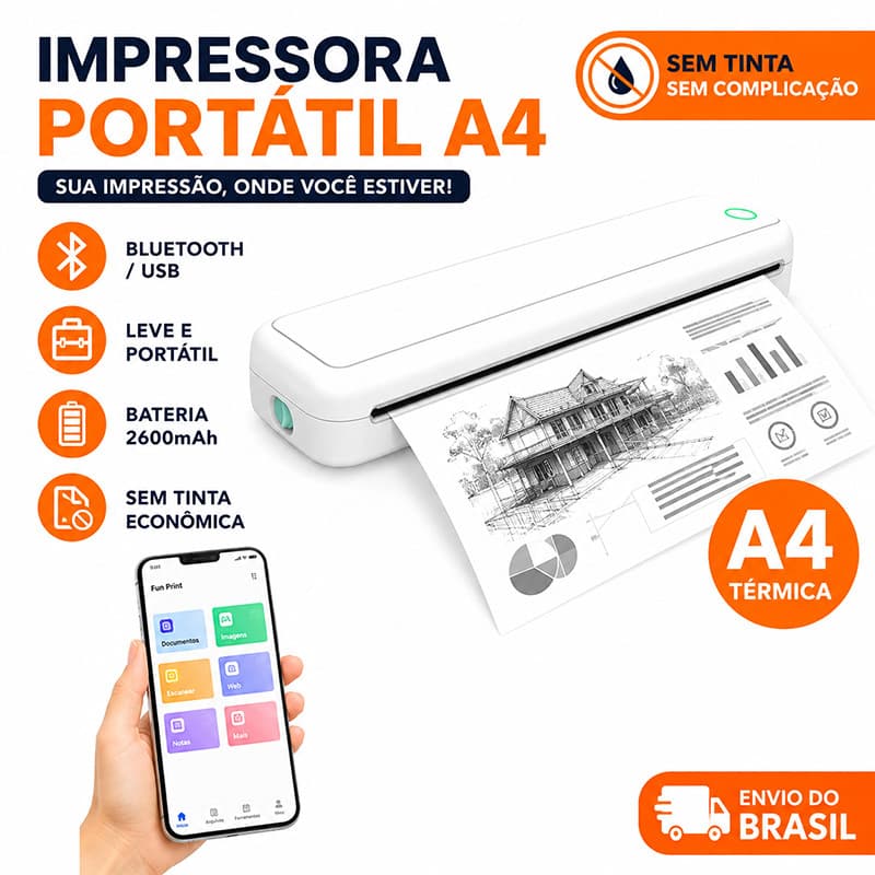 Impressora Portátil A4 Sem Tinta Bluetooth USB 2600mAh Térmica para Celular e Notebook