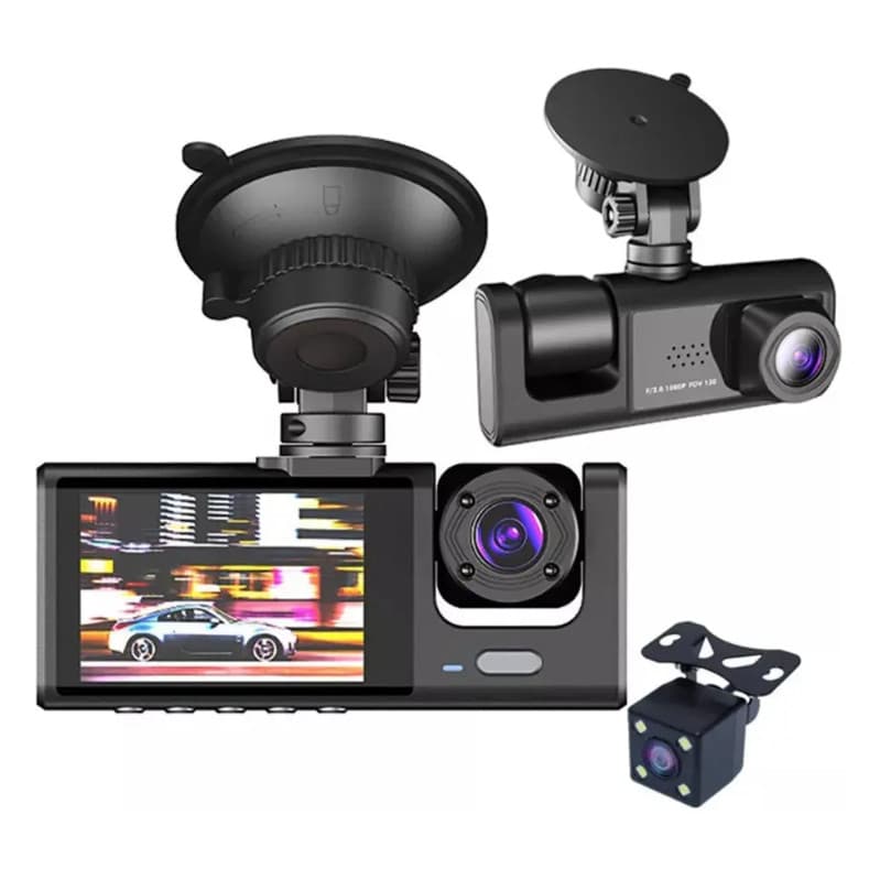 Câmera Veicular DVR Full HD 1080P 3 Lentes Visão Noturna Sensor G Monitor Estacionamento
