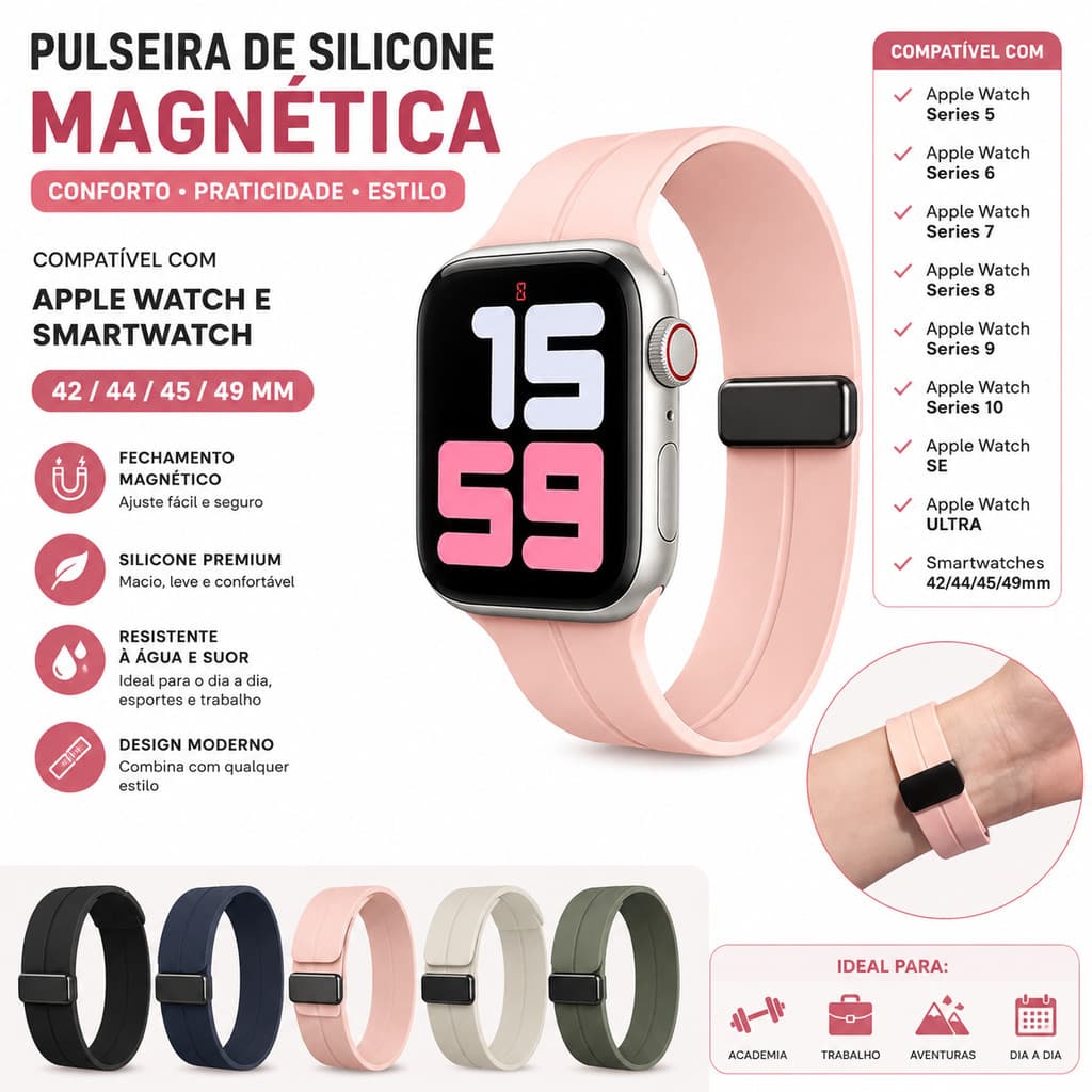 Pulseira silicone magnética compatível apple série ultra 7 8 9 10 se 6 5 e smartwatch  42 -44-45-49 mm