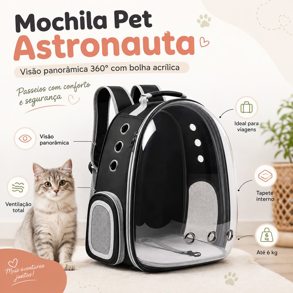 Mochila Pet Panorâmica 360° com Visor Acrílico para Cães e Gatos – Transporte Confortável e Ventilado