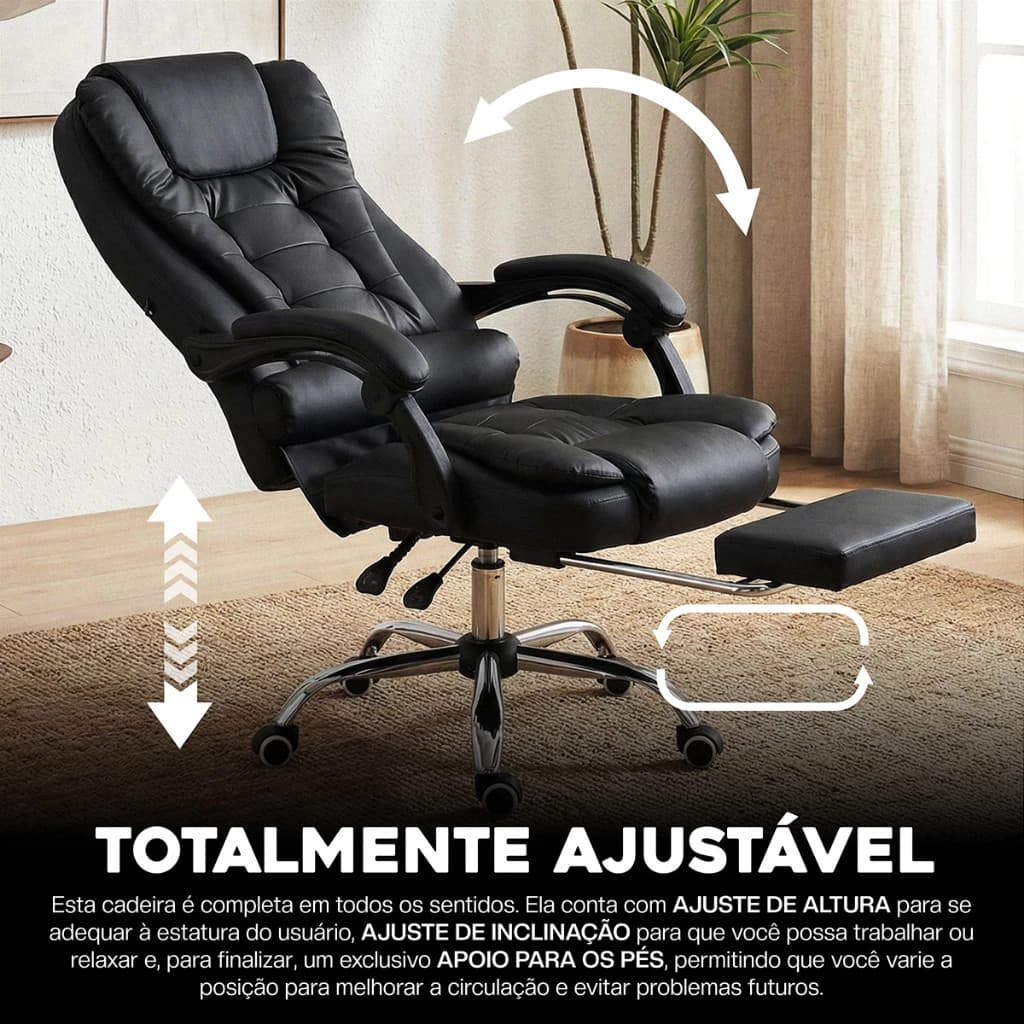 Cadeira Presidente Ergonômica Reclinável Luxo Com Apoio Pés Preto Executivo Comfort