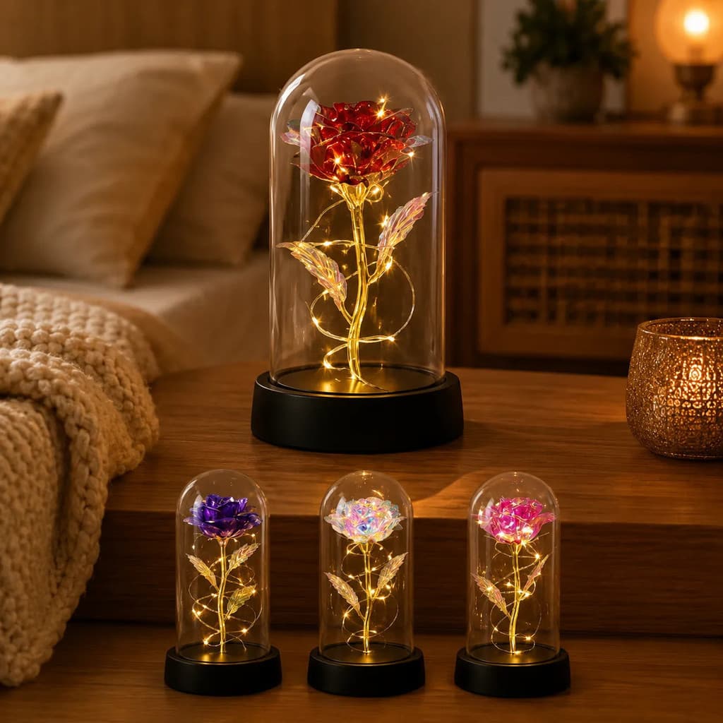 Mini Luminaria Led Rosa Encantada Redoma Bela Fera