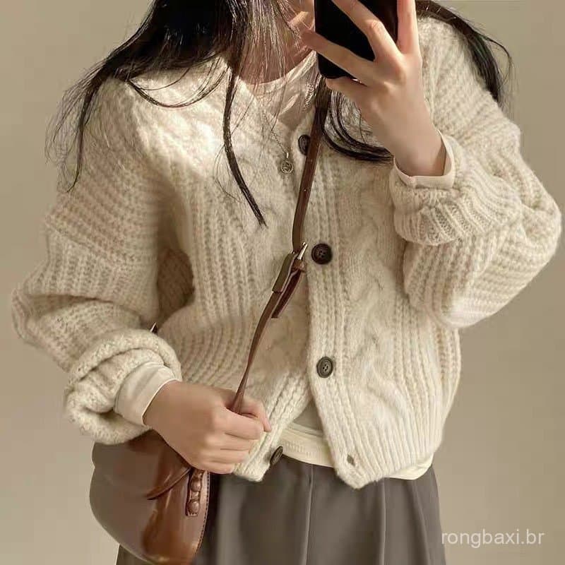 Coreia chique outono inverno novo estilo estilo preguiçoso com decote em V manga bufante padrão de cânhamo solto malha C