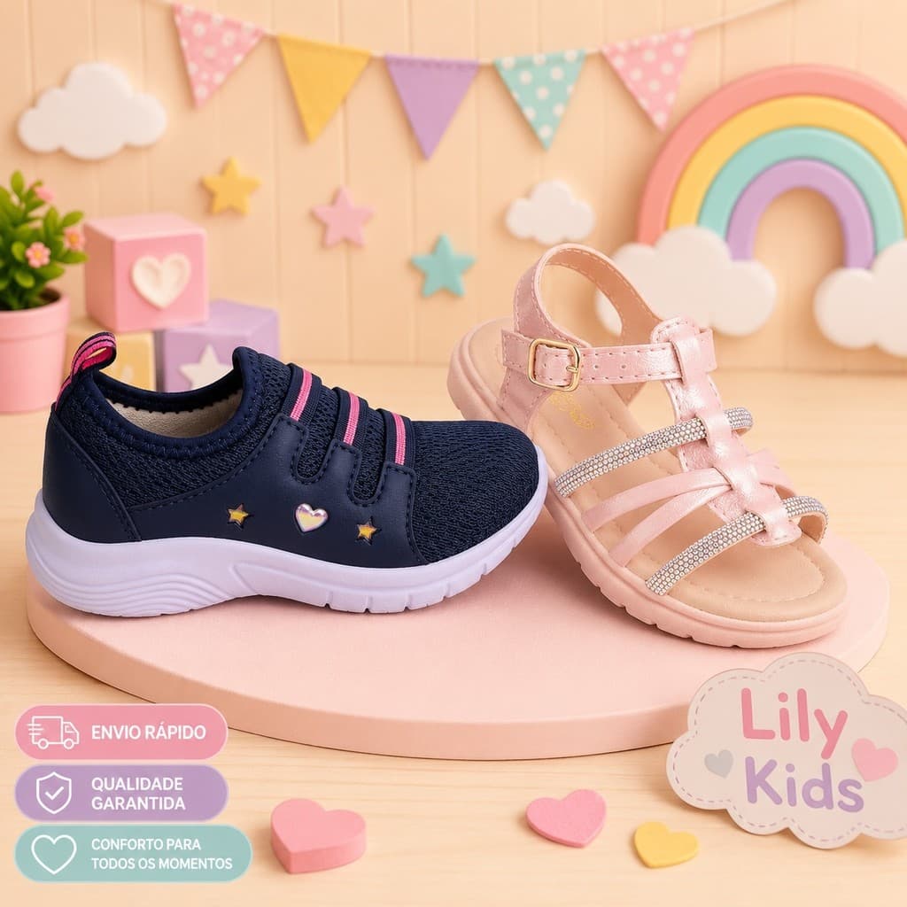 Kit Infantil Menina Tênis Casual Detalhes Minimalista + Sandália Strass Extremamente Confortável e Estilosa