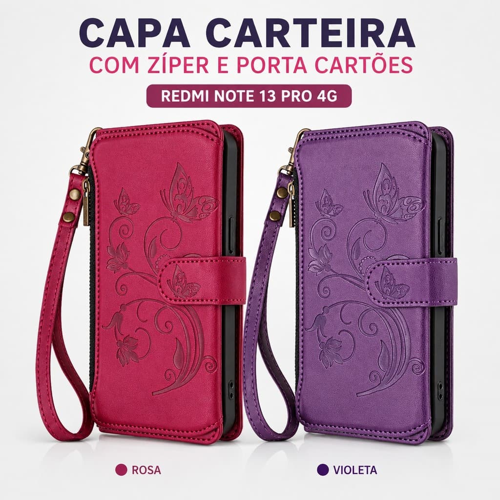 Capa Carteira Redmi Note 13 Pro 4G com Zíper Porta Cartões Dinheiro + Alça Rosa ou Violeta