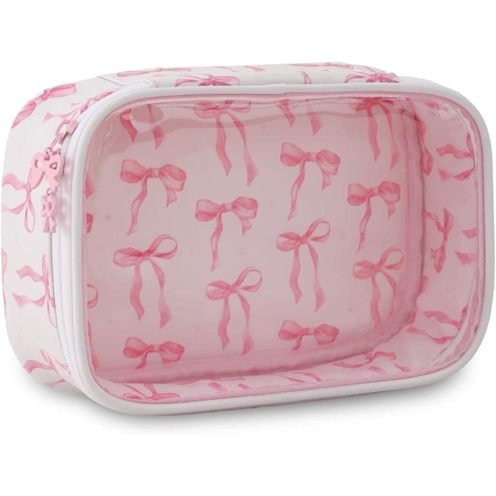 Bolsa de Maquiagem Transparente DYSHAYEN para Mulheres, adequada para viagens, pequena bolsa de maquiagem com laço rosa,