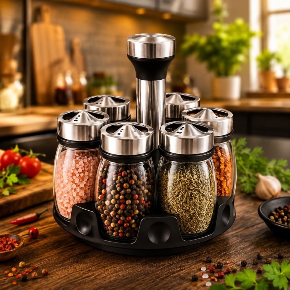 Kit Porta Temperos Giratório 360° | 6 Potes de Vidro com Tampa Dosadora | Organizador Porta Condimentos para Cozinha